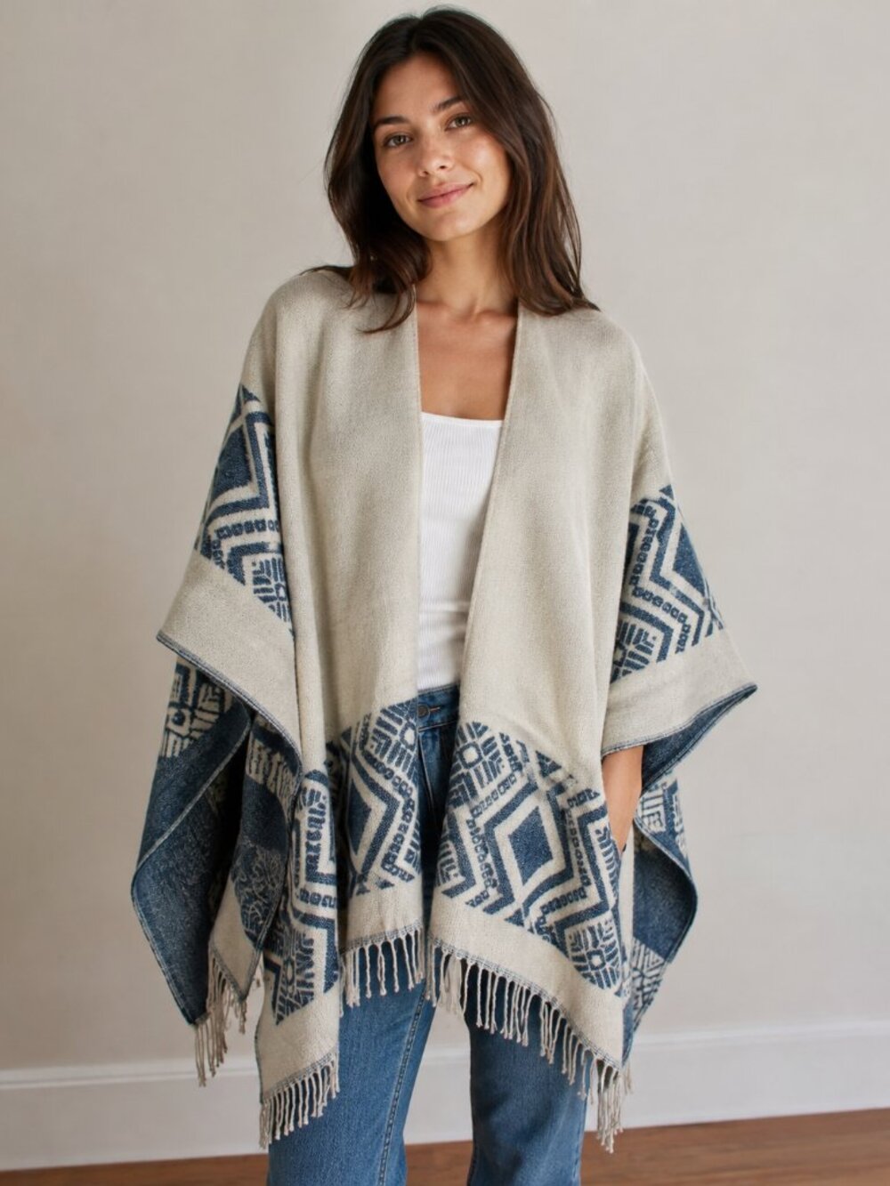 Vintage Free People Cream Blue Fringe Poncho Wrap Boho Cape